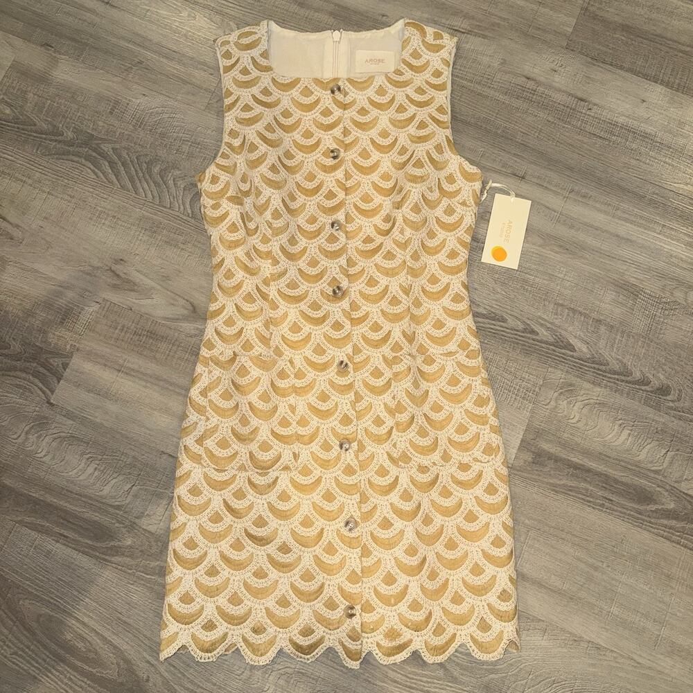 AROSE Studio Sample Dress Gold Ivory Embroidered Lace Midi Button Front NWT